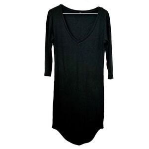 Revamped Ribbed V-neck Quarter Sleeve V-Neck Tunic Sweater Dress Black XL